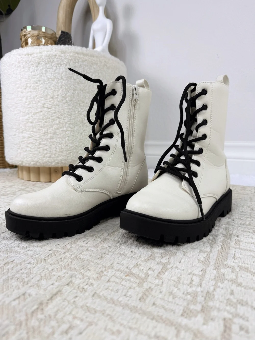 NEW art class White Combat Boots with Black Laces and Lug Sole for girls